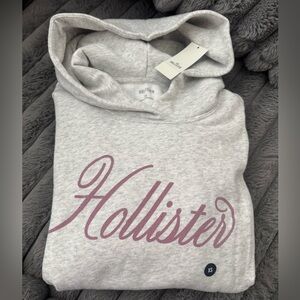 Hollister Oversized Light Gray Hoodie with Sparkle Pink Logo